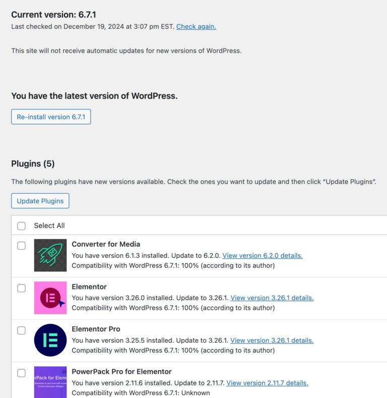 version update for WordPress and plugins screenshot